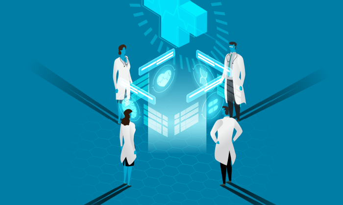 illustration représentant des médecins devant une image virtuelle