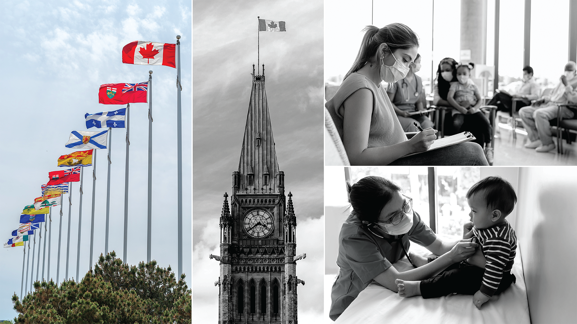 Collage featuring (left to right) flags, Peace Tower, patients in a waiting room, physician with a patient