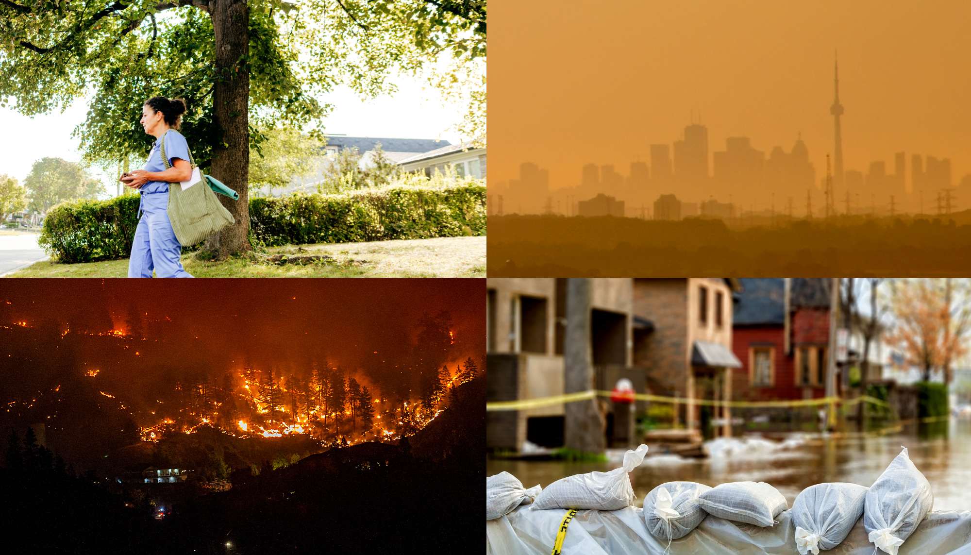 collage of images: a woman walking, smog over a skyline, forest fires, and sandbags for flooding
