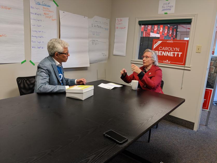 Dr. Sandy Buchman, meeting with Dr. Caroline Bennett, Liberal candidate